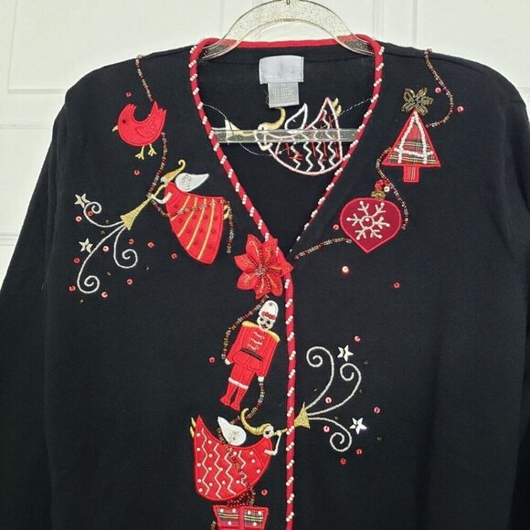 Berek Christmas Cardigan Womens Size Medium Black Vintage Nutcracker Beaded - Picture 2 of 14